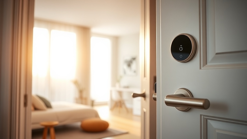 Entrada moderna de apartamento vacacional con cerradura inteligente y luz cálida de bienvenida