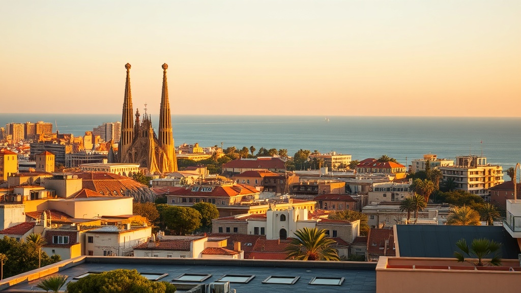 Skyline de Barcelona con la Sagrada Familia, el mar Mediterráneo y arquitectura modernista