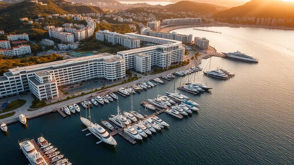 Vista aérea de Puerto Banús con yates de lujo y apartamentos frente al mar en Marbella